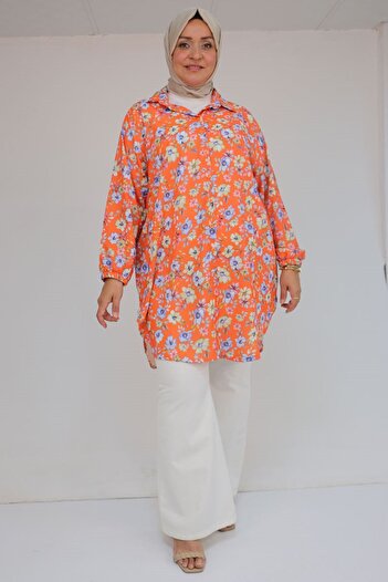 Eslina 58052 Large Size Men's Collared Jesica Shirt Tunic - Flower Pattern Tile