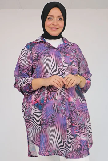 Eslina 58052 Large Size Men's Collared Jesica Shirt Tunic - Zebra Pattern Purple