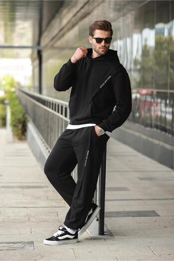 Madmext Black Hooded Kangaroo Pocket Men's Tracksuit Set E7325