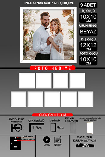bymat 9Pcs 10X10 Frame - Fine Slatted Frame - White Frame - Square Frame - Photo Frame