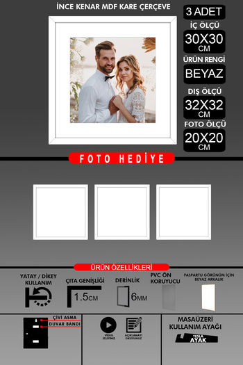 bymat 3 Pieces 30X30 Frame - Thin Slatted Frame - White Frame - Square Frame - Photo Frame