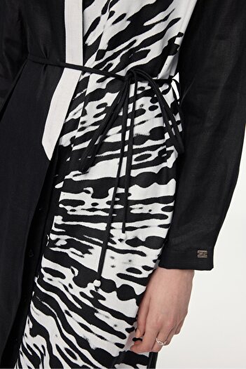 Zühre Judge Collar Patterned Long Black Tunic T-1584
