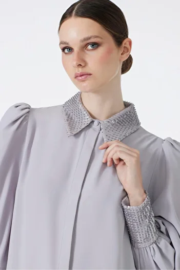 Zühre Stone Detailed Balloon Sleeve Gray Tunic T-1452
