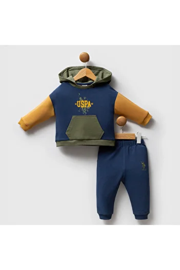 DIDuStore Uspa Baby Boy 2 Piece Set Hooded Sweatshirt and Tracksuit Bottom with Logo Detail
