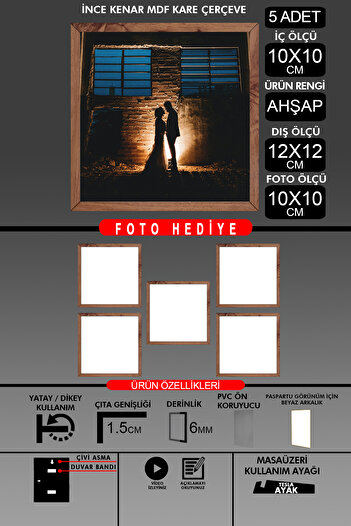 bymat 5Pcs 10X10 Frame - Thin Slatted Frame - Wooden Frame - Square Frame - Photo Frame