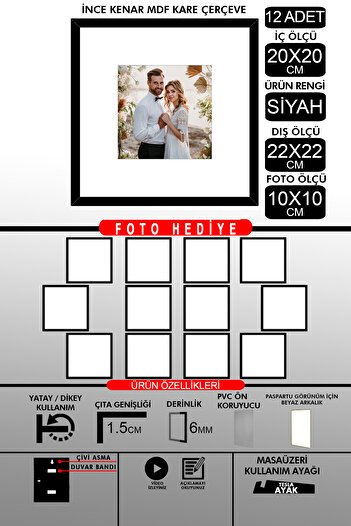 yhfoto 12 Pieces 20X20 Frame - Fine Slatted Frame - Black Frame - Square Frame - Photo Frame
