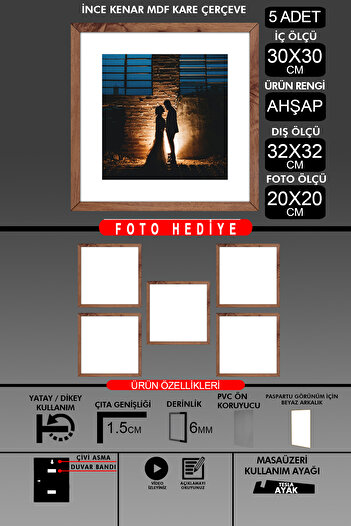 Bytwo 5 Pieces 30X30 Frame - Thin Slatted Frame - Wooden Frame - Square Frame - Photo Frame