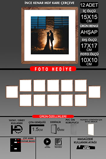 yhfoto 12 Pieces 15X15 Frame - Thin Slatted Frame - Wooden Frame - Square Frame - Photo Frame