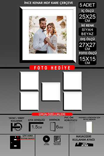 Bytwo 5Pcs 25X25 Frame - Fine Slatted Frame - 2 Colors Black White - Square Frame Photo Frame