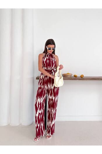 ZF BUTİK Halter Neck Tie Detail Patterned Jumpsuit