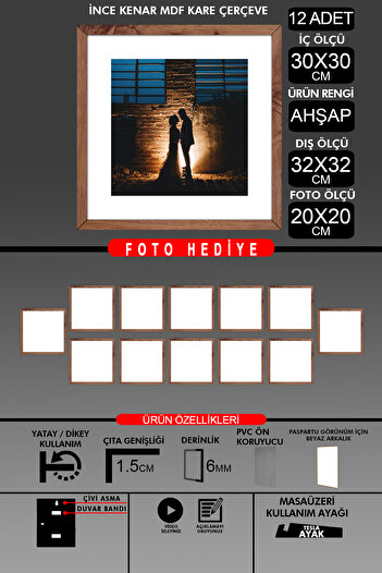 bymat 12 Pieces 30X30 Frame - Thin Slatted Frame - Wooden Frame - Square Frame - Photo Frame
