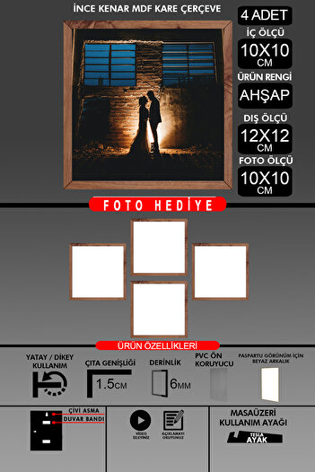 bymat 4Pcs 10X10 Frame - Fine Slatted Frame - Wooden Frame - Square Frame - Photo Frame