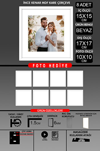 yhfoto 8 bucăți 15x15 cadru - cadru cu lamele subțiri - cadru alb - cadru pătrat - rama foto