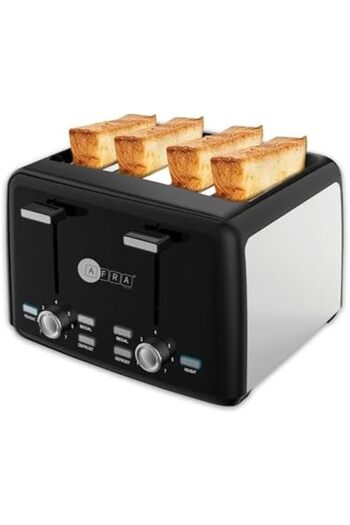 Afra Electric Breakfast Toaster, 1600W, 4 Slots, Removable Crumb Tray, Matte Black Finish, Browning,