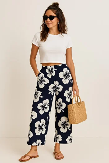 Esterella Girl's Spanish Leg Roll-Up Trousers /Girl's Loose Wide-Leg Trousers/ Roll-Up Trousers