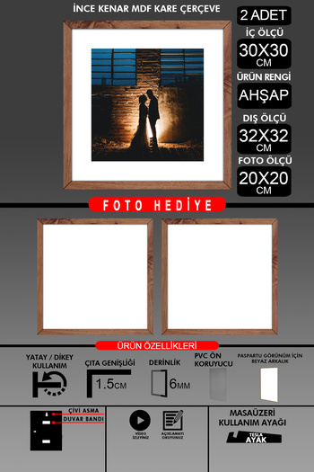 Bytwo 2 Pieces 30X30 Frame - Thin Slatted Frame - Wooden Frame - Square Frame - Photo Frame