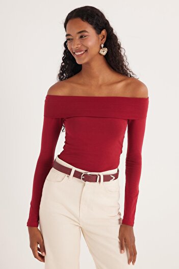 Tudors Women's Slim Fit Slim Fit Long Sleeve Boat Neck Burgundy Blouse