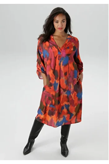 Şans Women's Plus Size Colorful, V-Neck, Curable Three Quarter Sleeve, Viscose Dress 65N39034
