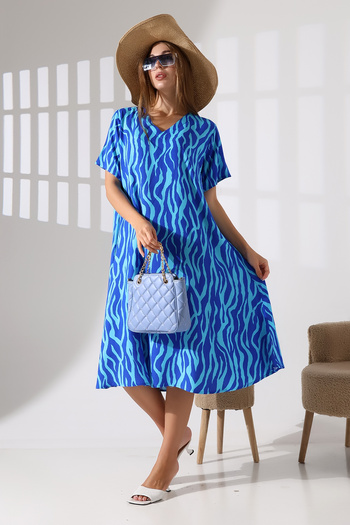 LİKAPA Summer Plus Size Viscose V-Neck Short Sleeve Dress 2688