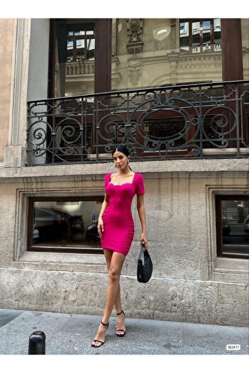 Modafeminen Chest Stoned Waist Gathered Mini Dress 582977 Fuchia