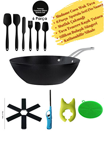 Madame Coco Titanium Wok Pan - Black - 28 Cm, Set of 6 Spatulas, Folding Trivet, Spoon Holder, Sponge, Lighter