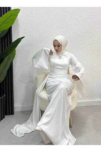 modasusev Spanish Sleeve Train Satin Hijab Evening Dress