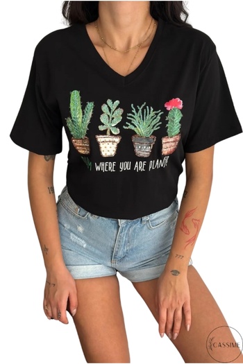 Cassime Women's Black 100% Cotton Cactus Sequin Embroidered Large Size T-Shirt