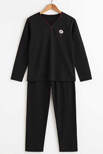 enmodaiçgiyim Siyah %100 Pamuk Nakışlı Uzun Kollu Kadın Pijama Takımı – Yumuşak Dokusuyla Rahat ve Şık Ev Giyim