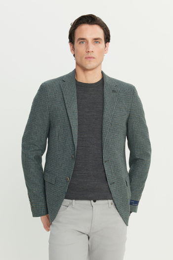 ALTINYILDIZ CLASSICS Men's Green Slim Fit Narrow Cut Mono Collar Patterned Woolen Jacket