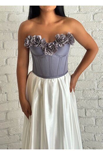 moneta boutique Women's Satin Back Lace-Up Floral Applique Corset Bustier