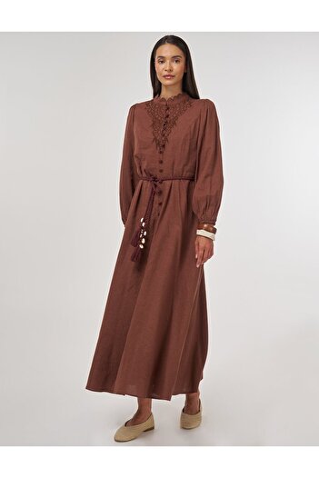 Kayra Linen Viscose Maxi Dress with Rope Belt Brown