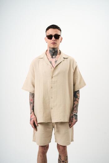 Respire Men's Short Sleeve Oversize Muslin Shirt Beige