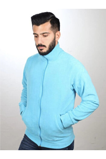 Sereia Unisex Blue Zippered Stand Collar Fleece Coat - Blue - Sreiaumwtpsoloar-Blue
