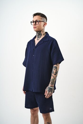 Respire Men's Short Sleeve Oversize Muslin Shirt Navy Blue