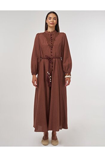 Kayra Linen Viscose Maxi Dress with Rope Belt Brown