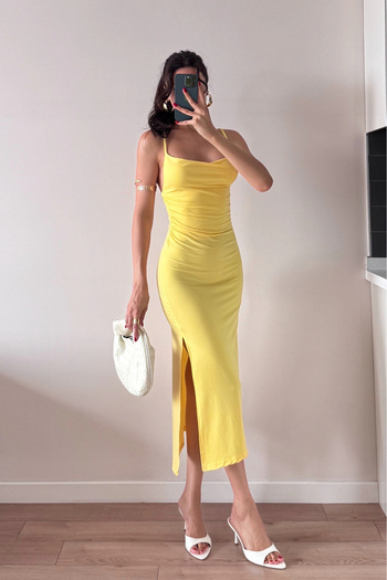 Eka Women's Yellow Strap Slit Long Dress 1009-1034