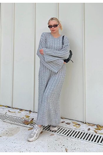 FLEX FASHION Crew Neck Hair Braided Long Trend Popular Knitwear Dress Light Gray