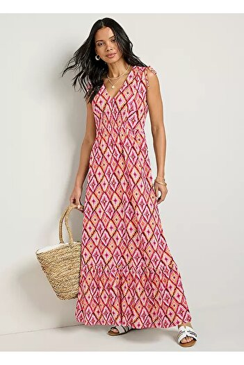 Şans Women's Plus Size Pink, Gemometric Patterned V-Neck Shoulder and Front Detailed Dress 65N39038