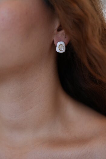 Ladies&Gentlemen White Enamel Gold Framed Steel Earrings