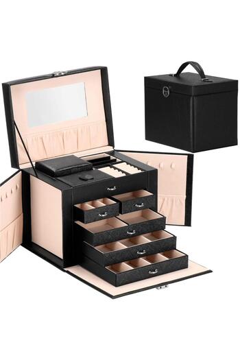 SERSIMO Jewelry storage and organization box, eco-leather + velour, 26 x 21.5 x 19 cm, black