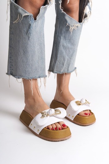 Joy Ayakkabı Dila thick and orthopedic sole bear satin women's slippers skt - white