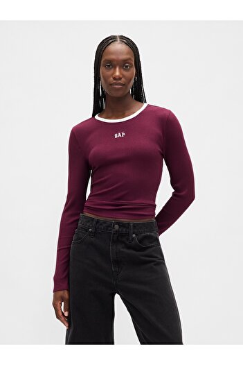 GAP Kadın Bordo Modern Fitilli Logo Crop T-Shirt