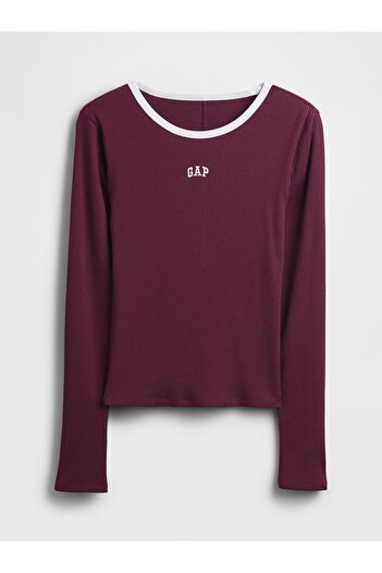GAP Kadın Bordo Modern Fitilli Logo Crop T-Shirt