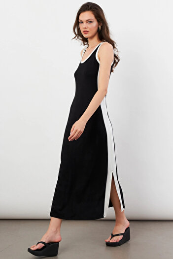 Cool & Sexy Women's Black Color Block Slit Midi Dress Ug105