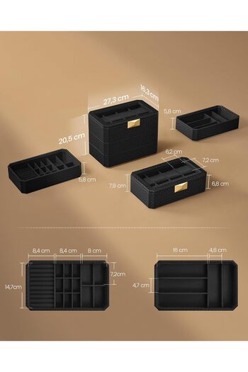 SONGMICS Ronne Jewelry and Watch Box, 3 Tiers, Glass Lid, 27x20x16 cm, Textured Black