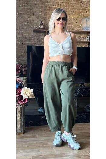 Cardella Women's 100% Cotton Gabardine Pocket Baggy Trousers