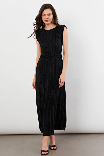 Cool & Sexy Women's Black Padded Pleated Lined Midi Dress Dmr436