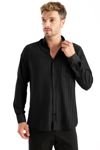 Varetta Men's Shirt Black Lycra Long Sleeve Pocket Comfortable Fit Loose Draped Cotton Daily Stylish Model