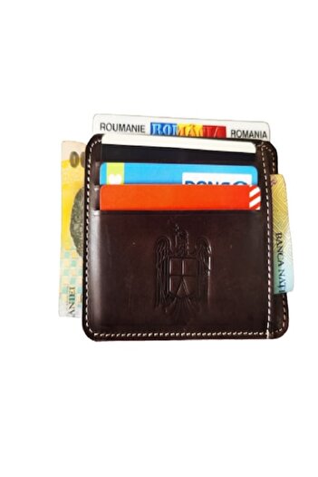 ElegantGold Leather Vintage Card Wallet, Handmade, Stamped with Romania Crest, Dark Brown