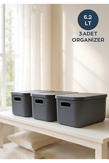 HOMİNG 3 Adet Organizer Düzenleyici Antrasit Kapaklı Kutu 6.2lt